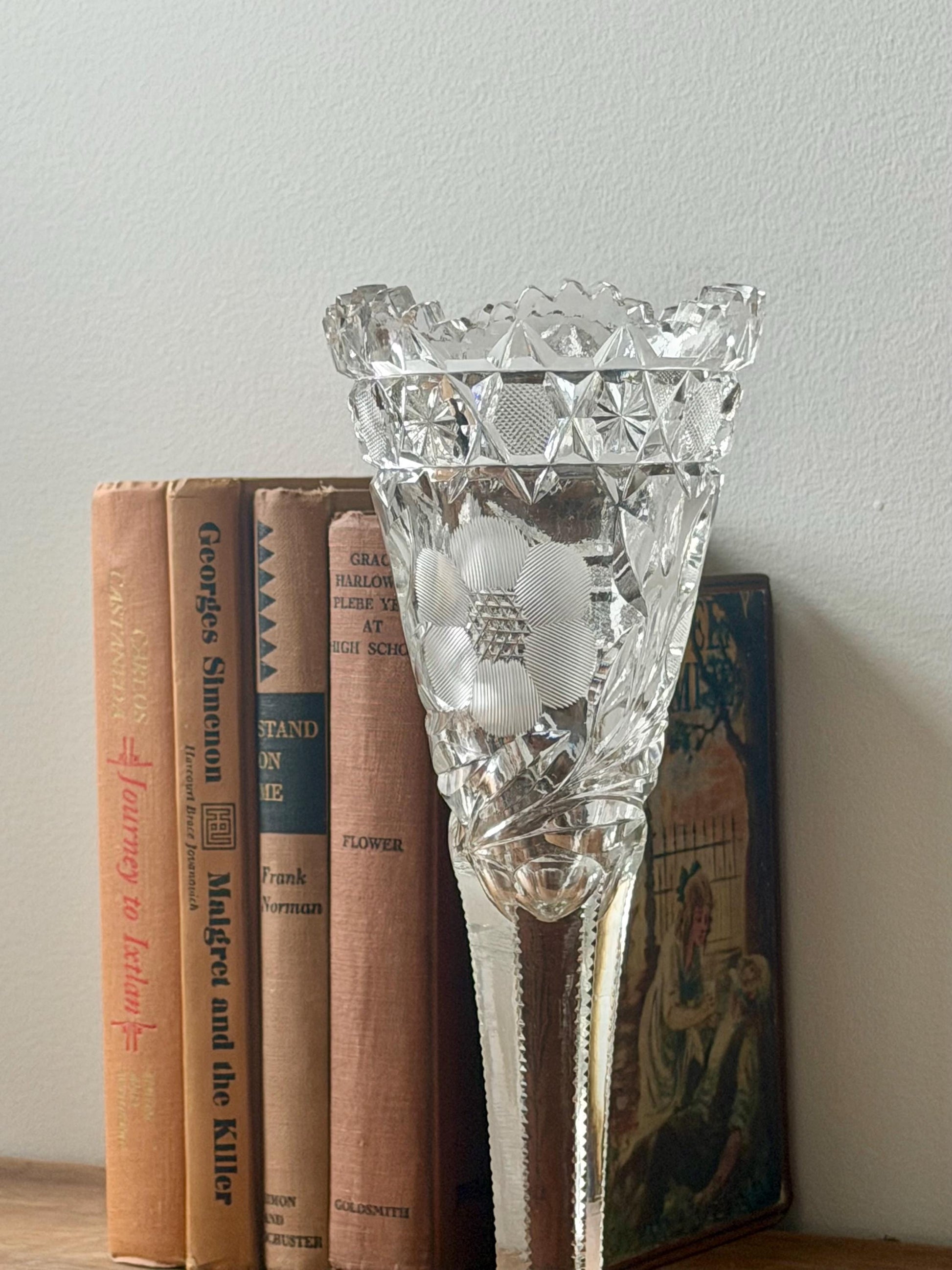 American Brilliant Cut Glass Pedestal Vase | Antique Crystal Trumpet Vase