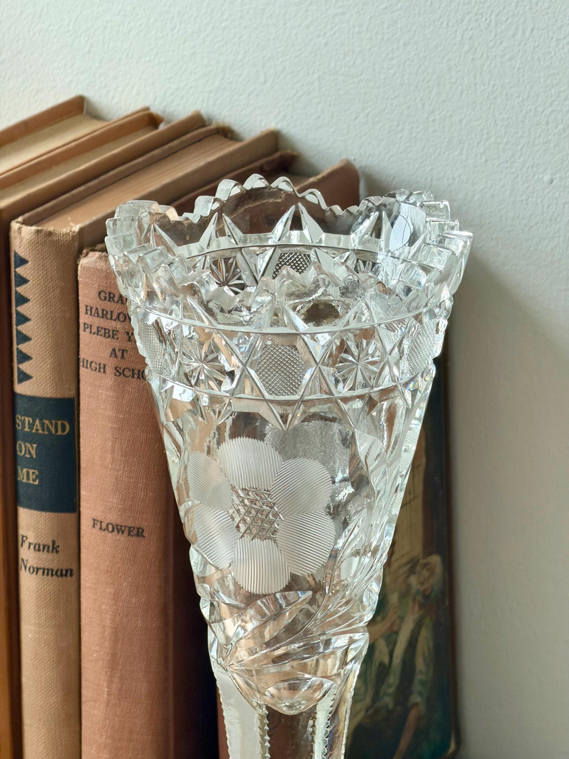 American Brilliant Cut Glass Pedestal Vase | Antique Crystal Trumpet Vase