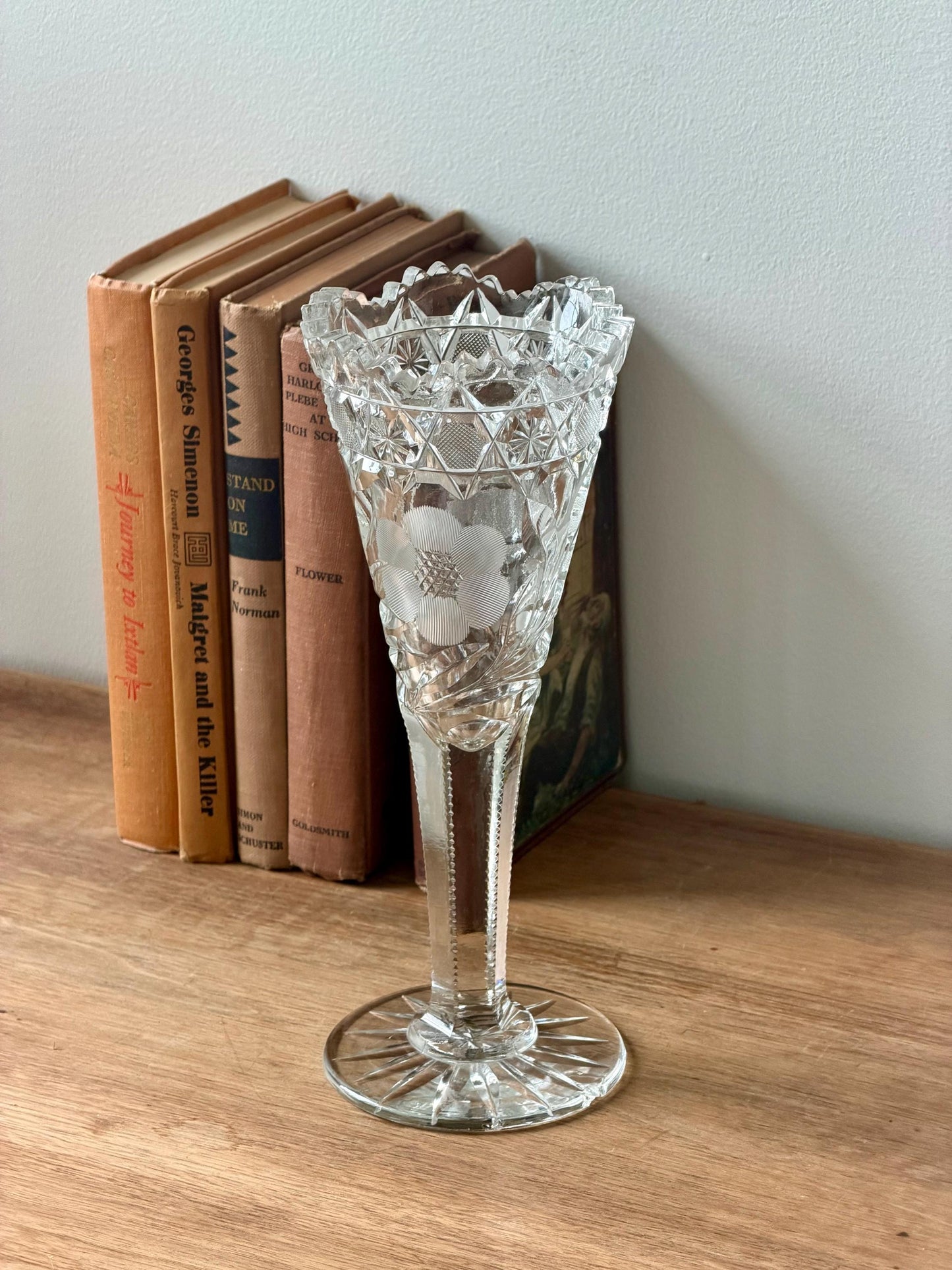 American Brilliant Cut Glass Pedestal Vase | Antique Crystal Trumpet Vase
