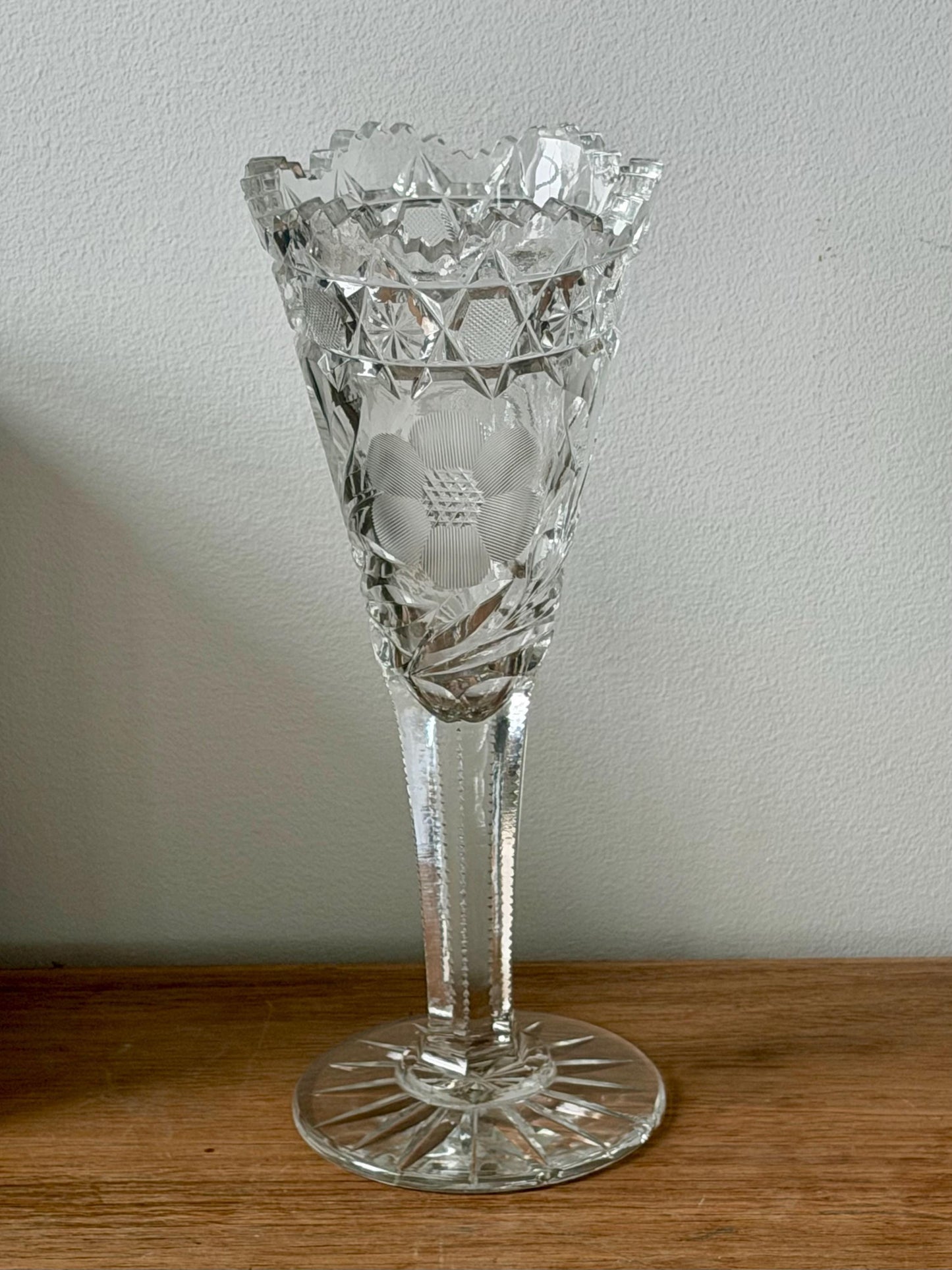 American Brilliant Cut Glass Pedestal Vase | Antique Crystal Trumpet Vase