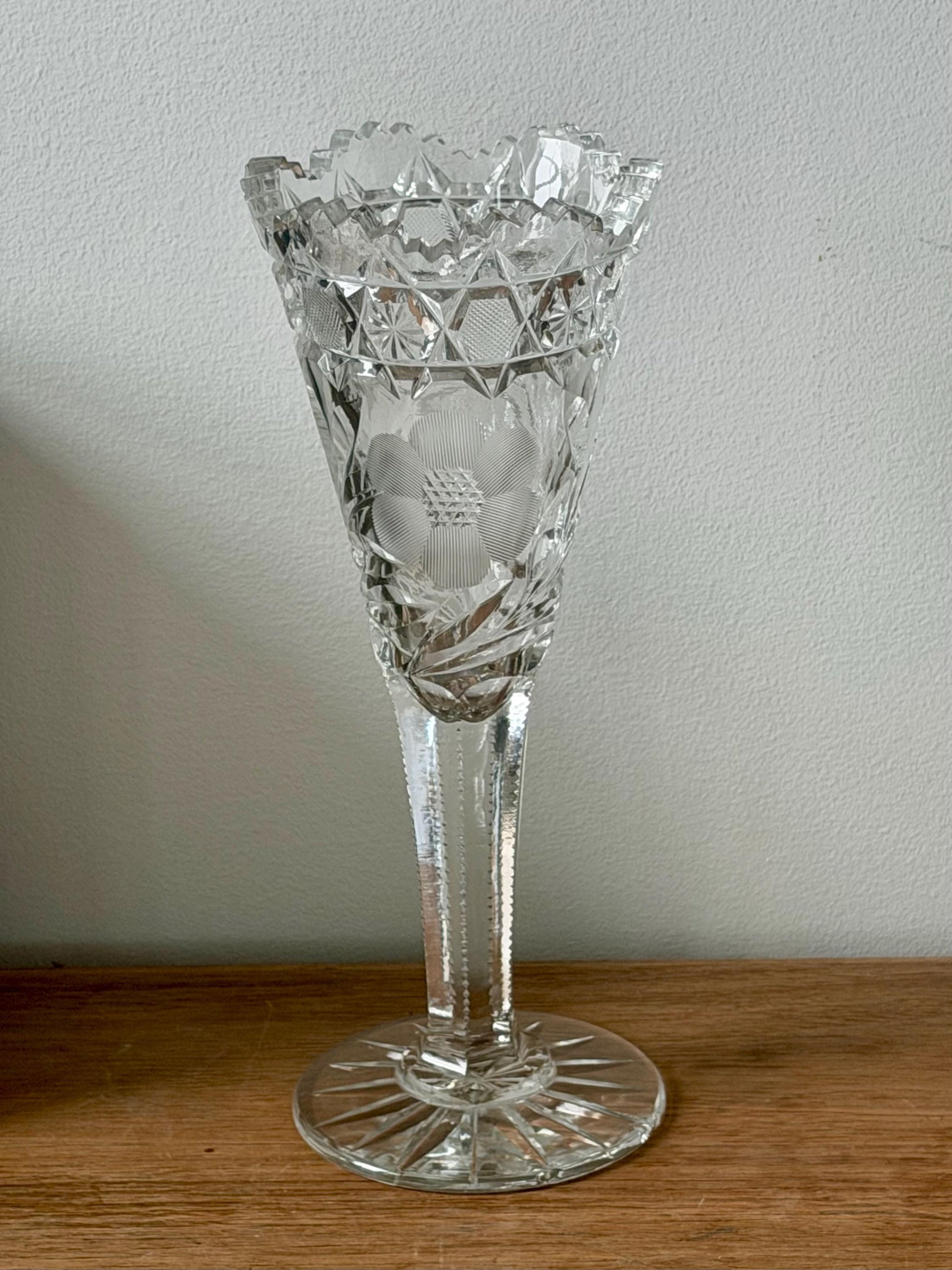 American Brilliant Cut Glass Pedestal Vase | Antique Crystal Trumpet Vase