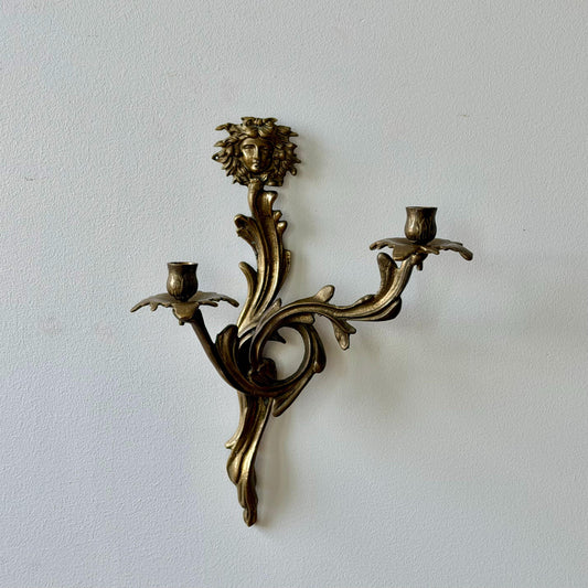 Vintage Brass Wall Sconce with Medusa Motif | Art Nouveau Style Candle Holder