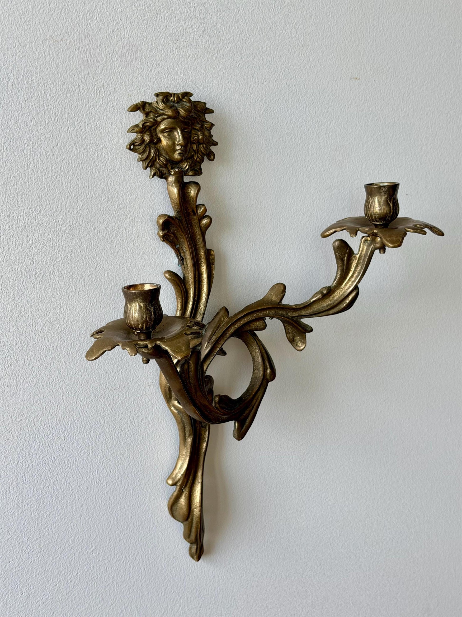 Vintage Brass Wall Sconce with Medusa Motif | Art Nouveau Style Candle Holder