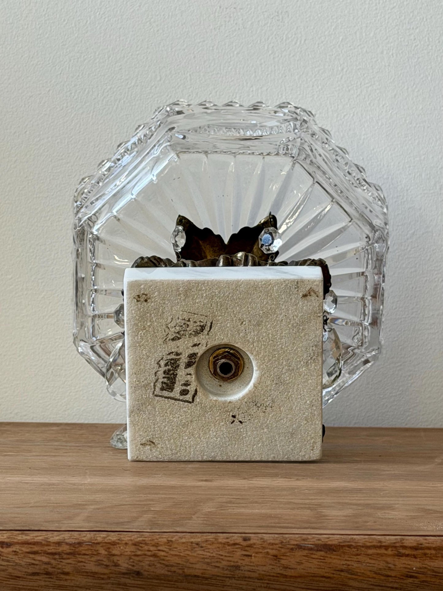 Vintage Cut Crystal Pedestal Bowl with Ornate Brass Base and Prisms, Marble Footed Stand