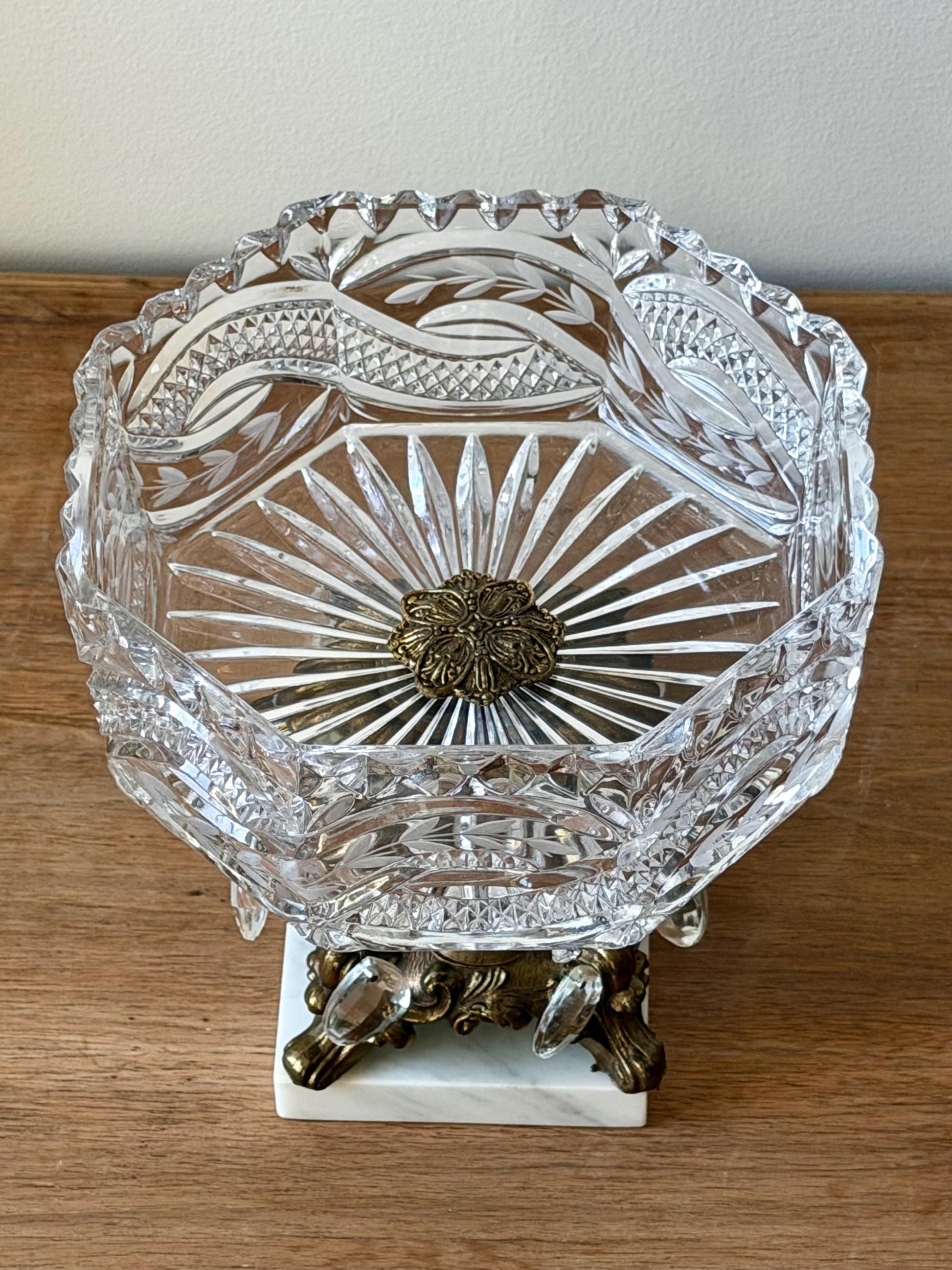 Vintage Cut Crystal Pedestal Bowl with Ornate Brass Base and Prisms, Marble Footed Stand