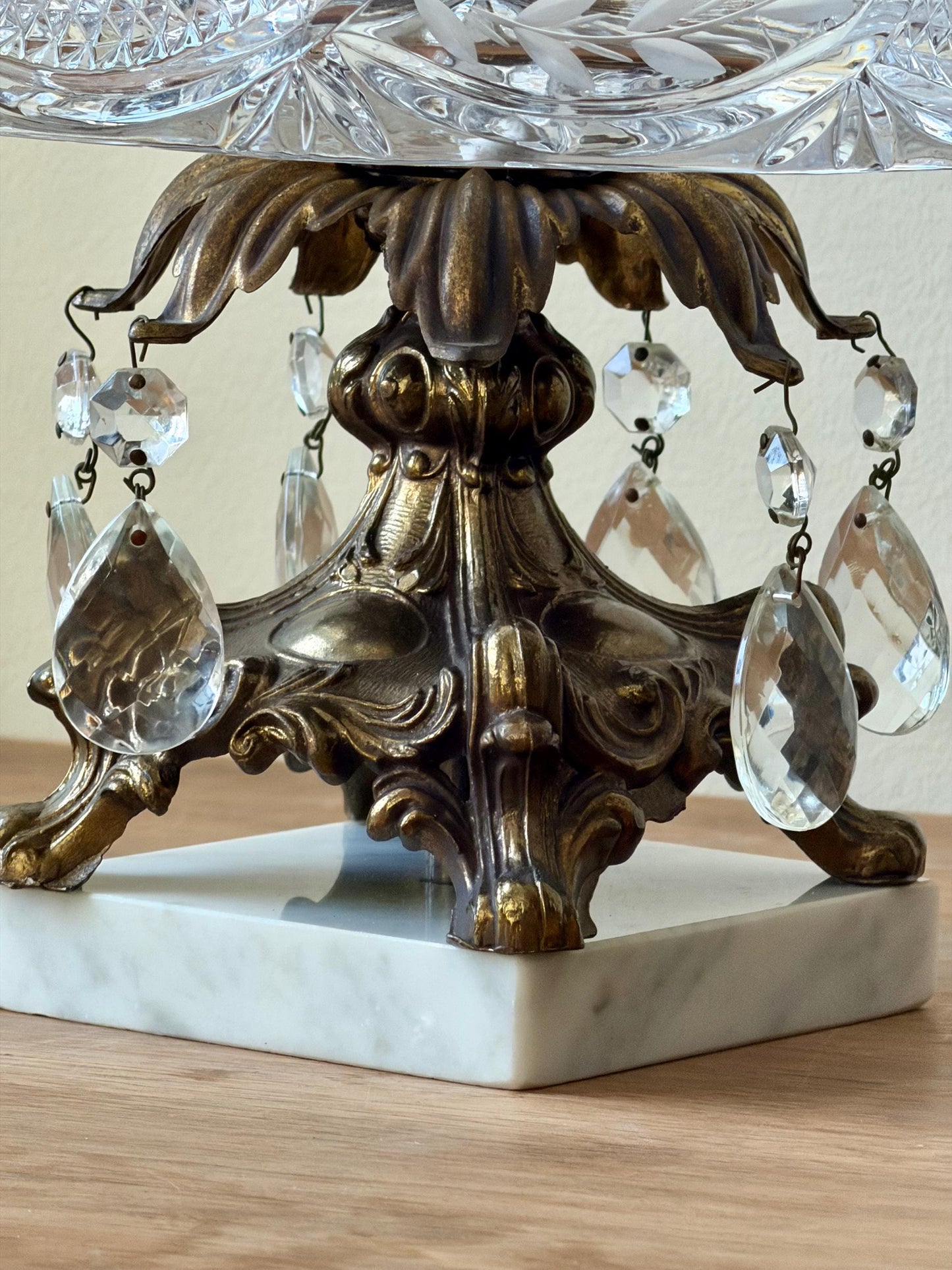 Vintage Cut Crystal Pedestal Bowl with Ornate Brass Base and Prisms, Marble Footed Stand