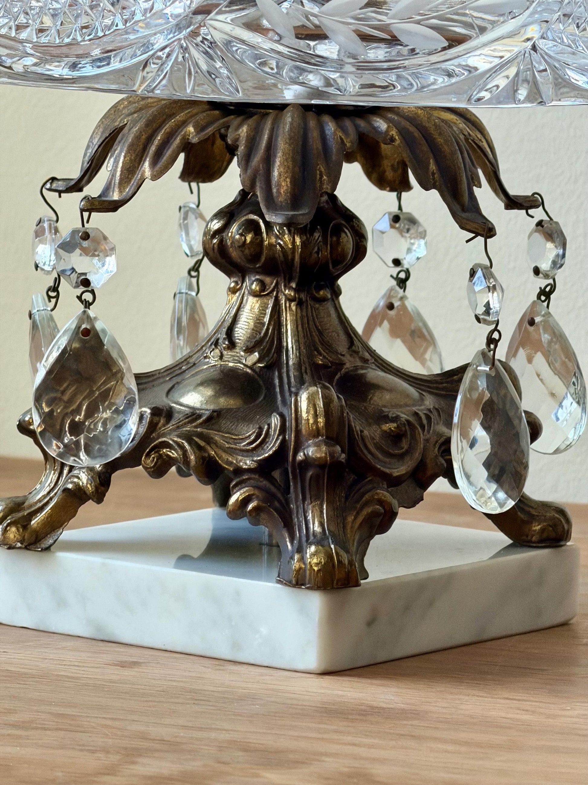 Vintage Cut Crystal Pedestal Bowl with Ornate Brass Base and Prisms, Marble Footed Stand