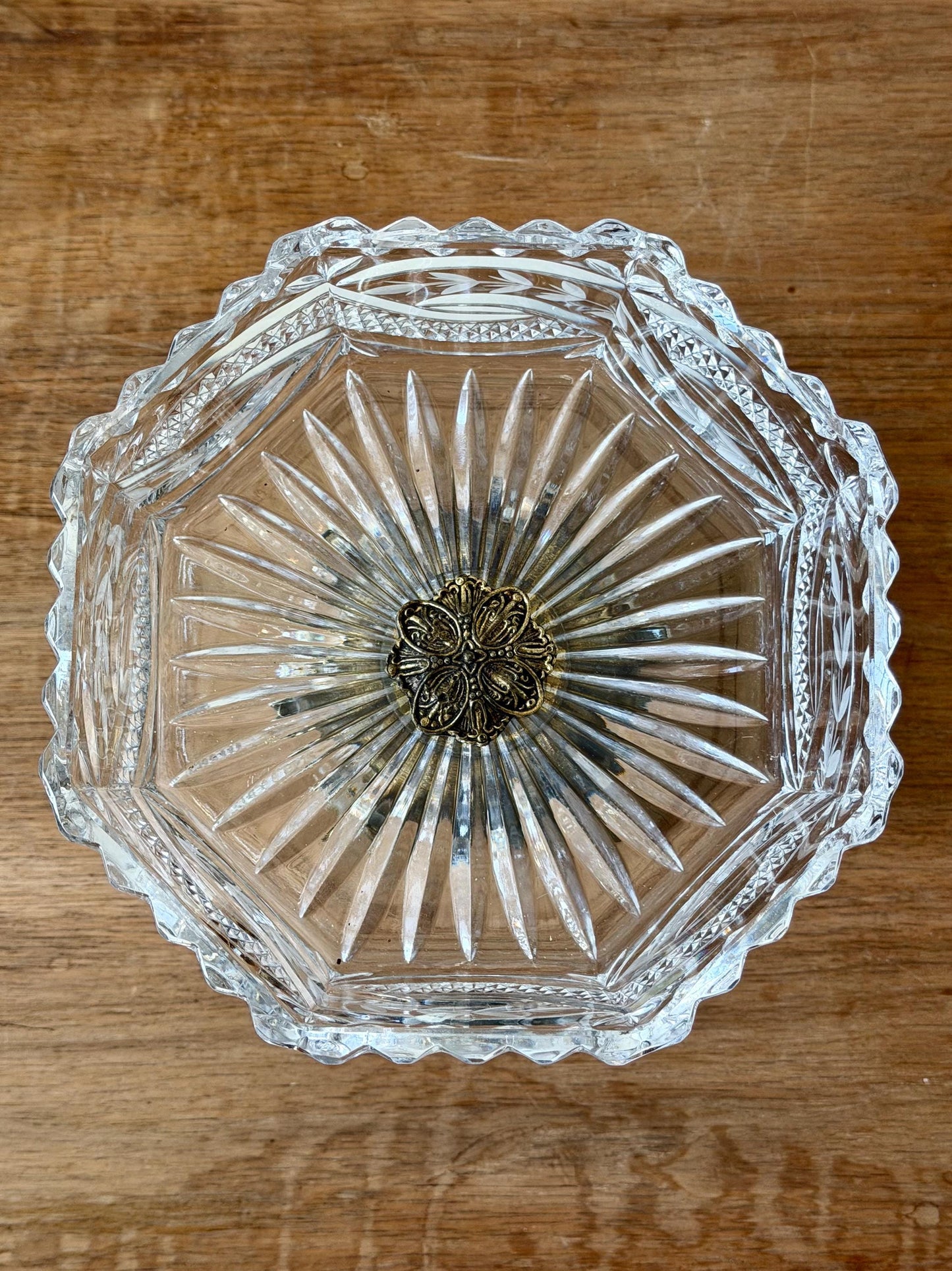 Vintage Cut Crystal Pedestal Bowl with Ornate Brass Base and Prisms, Marble Footed Stand