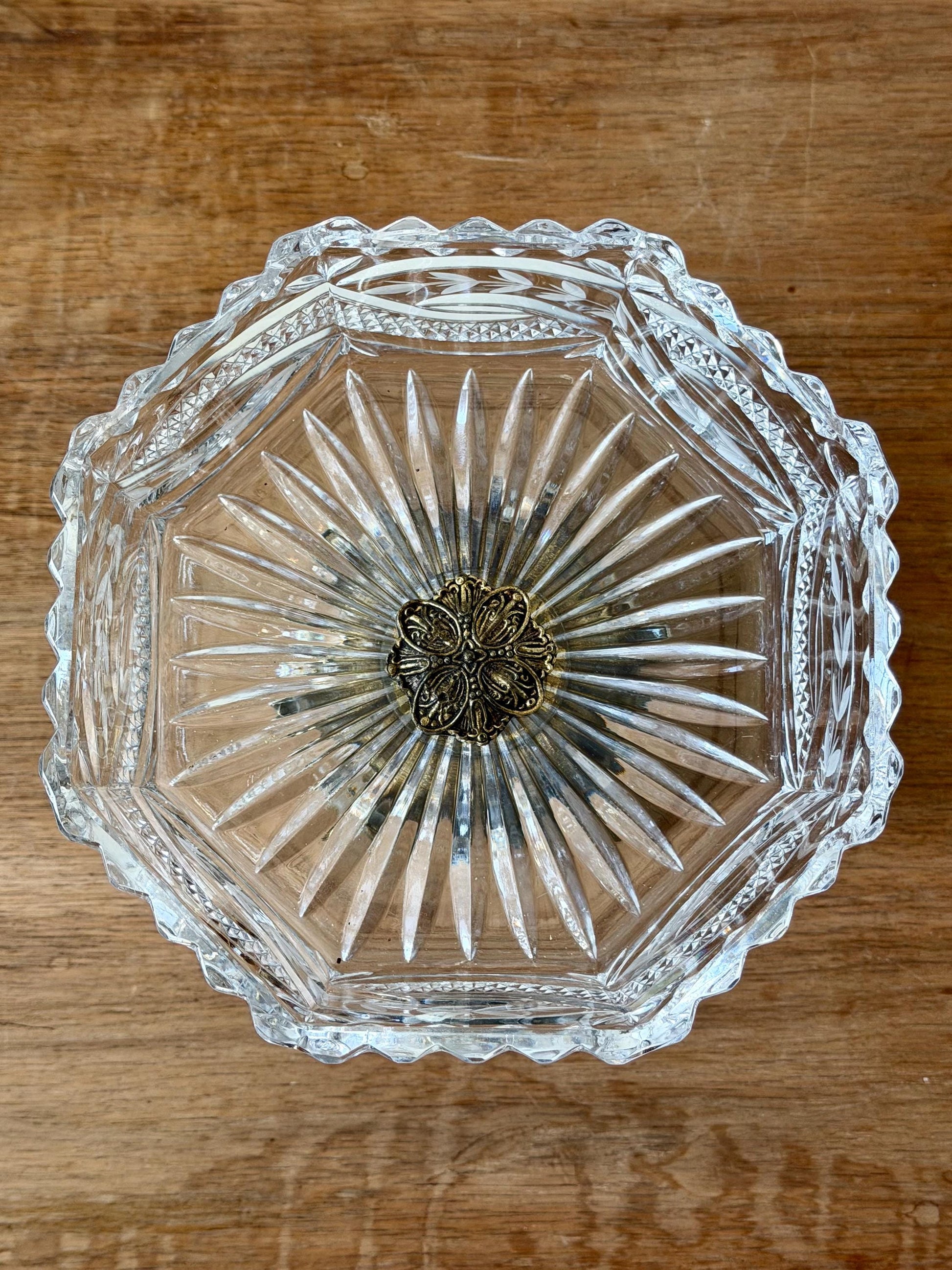 Vintage Cut Crystal Pedestal Bowl with Ornate Brass Base and Prisms, Marble Footed Stand