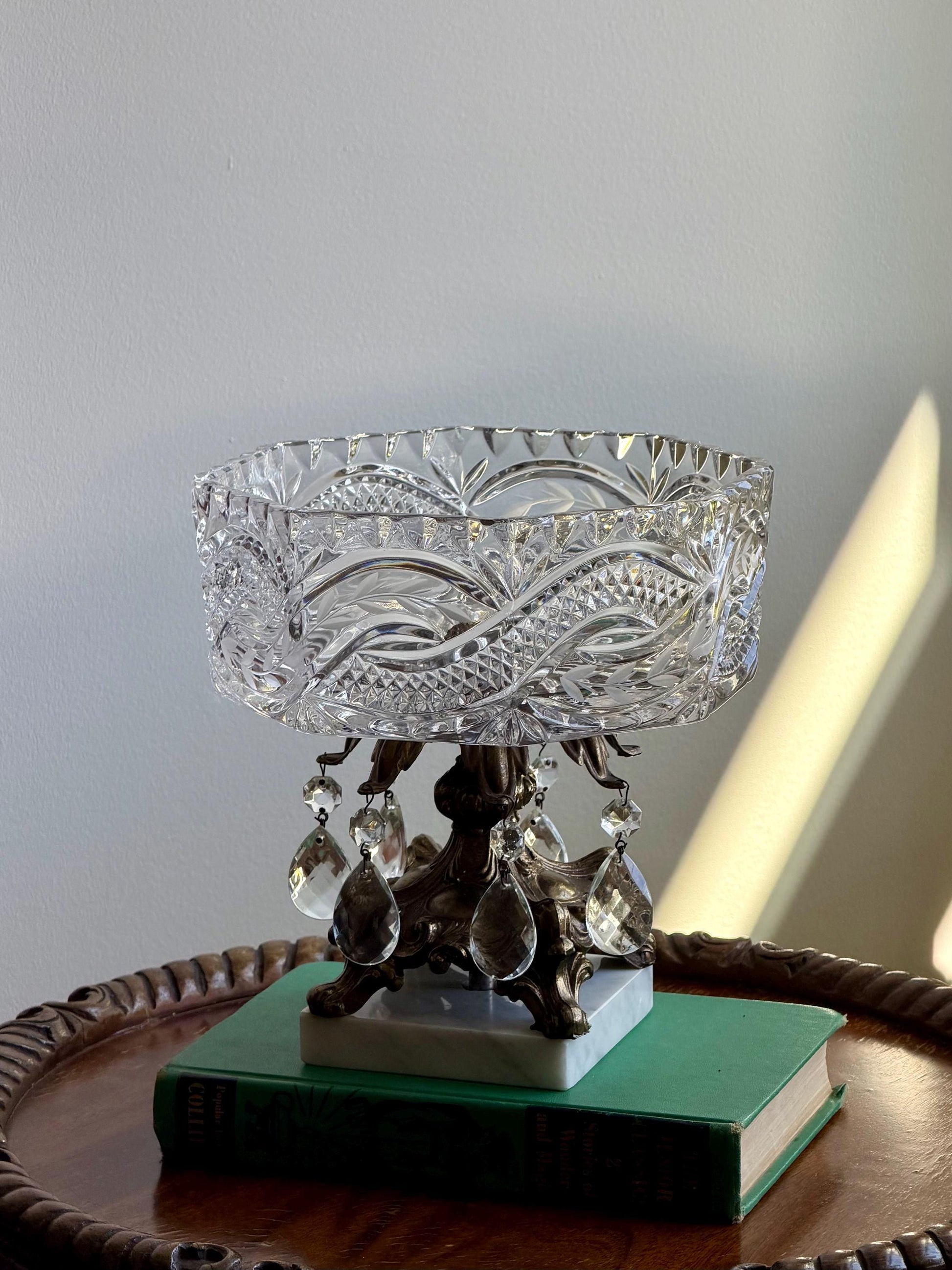 Vintage Cut Crystal Pedestal Bowl with Ornate Brass Base and Prisms, Marble Footed Stand