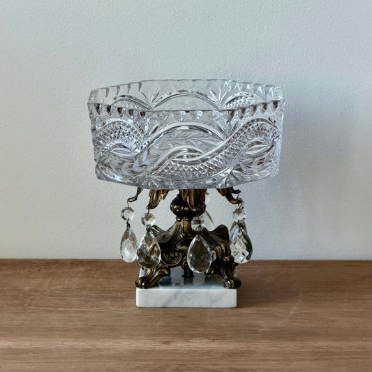 Vintage Cut Crystal Pedestal Bowl with Ornate Brass Base and Prisms, Marble Footed Stand