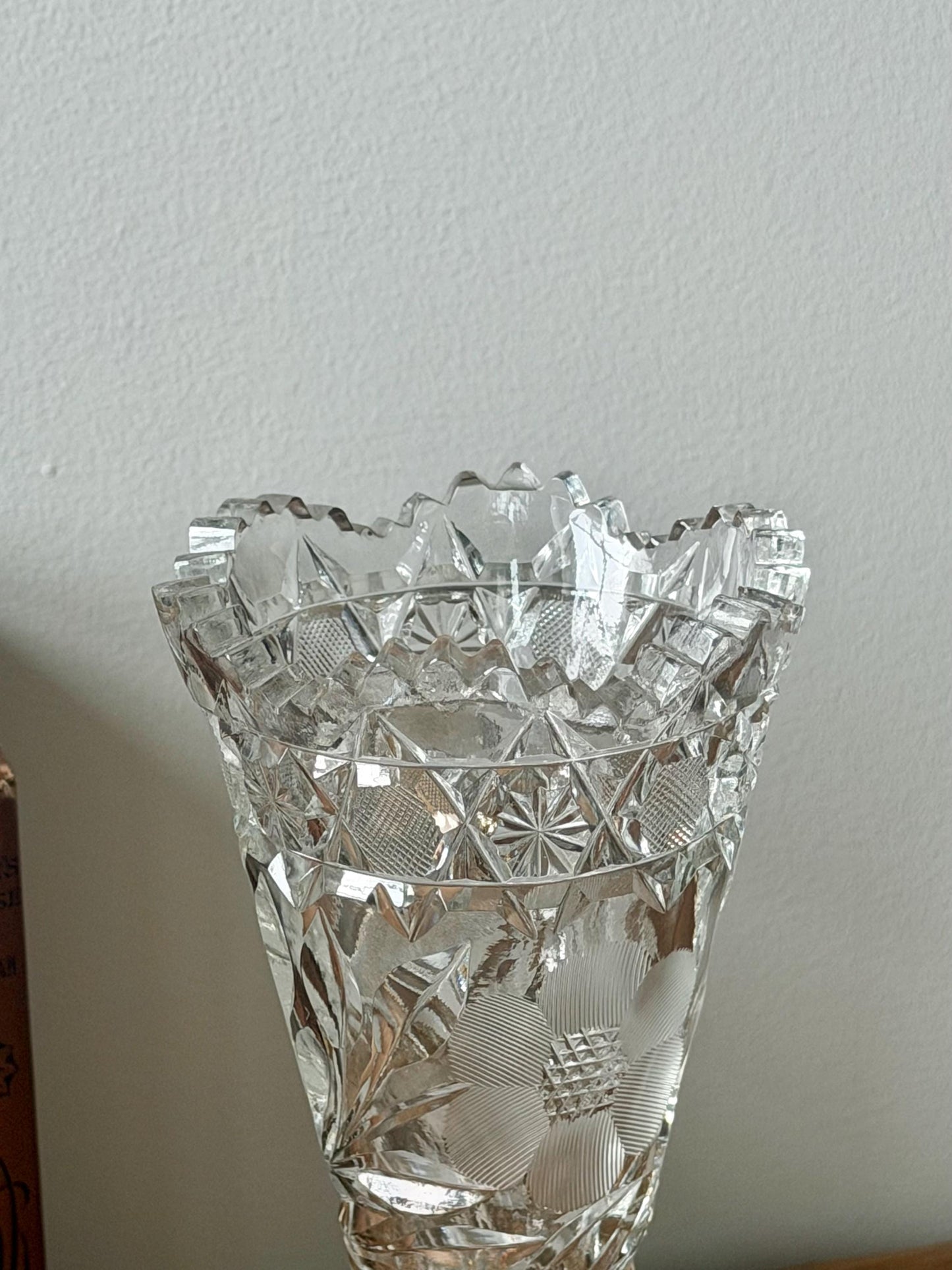 American Brilliant Cut Glass Pedestal Vase | Antique Crystal Trumpet Vase