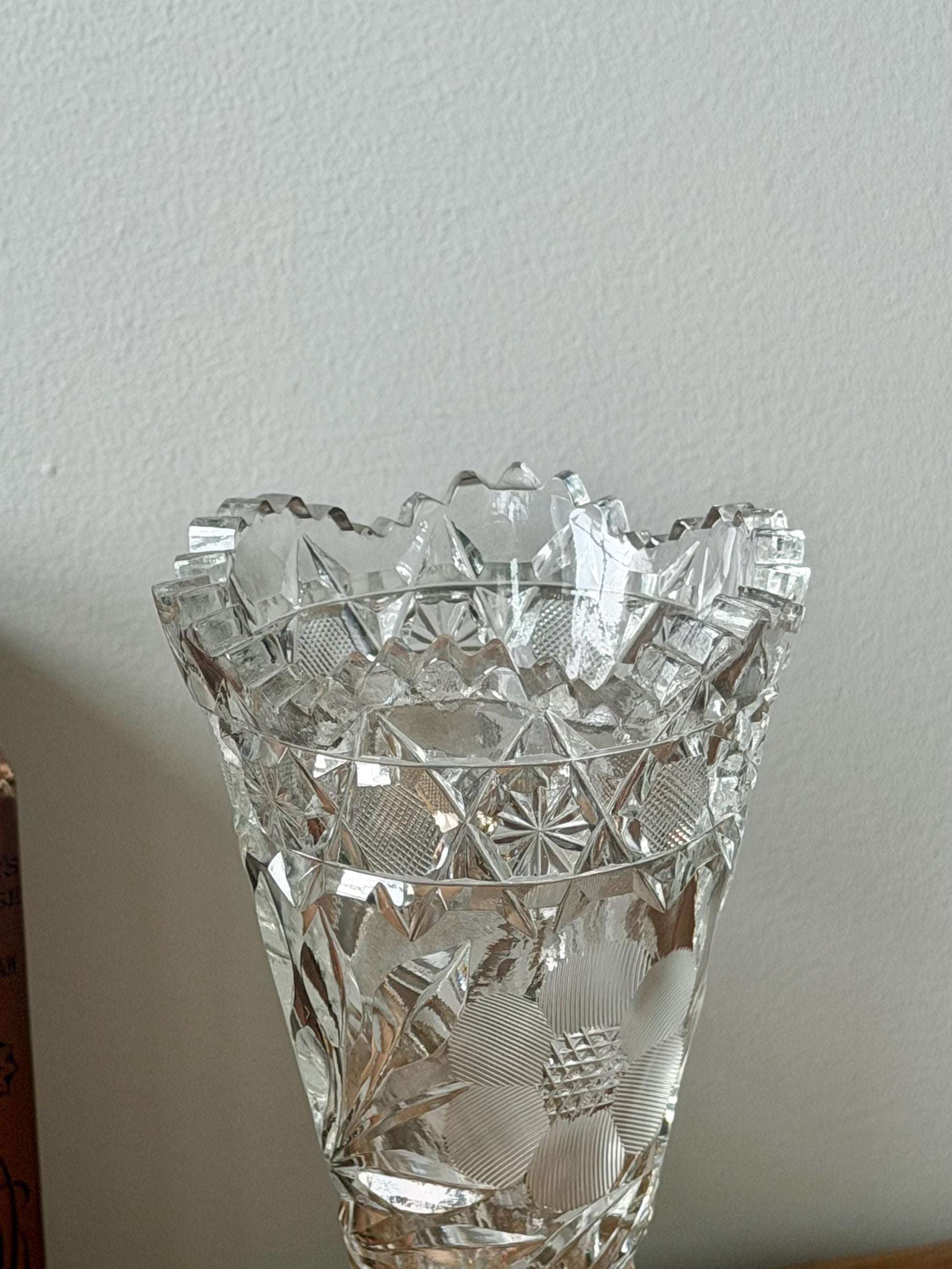 American Brilliant Cut Glass Pedestal Vase | Antique Crystal Trumpet Vase