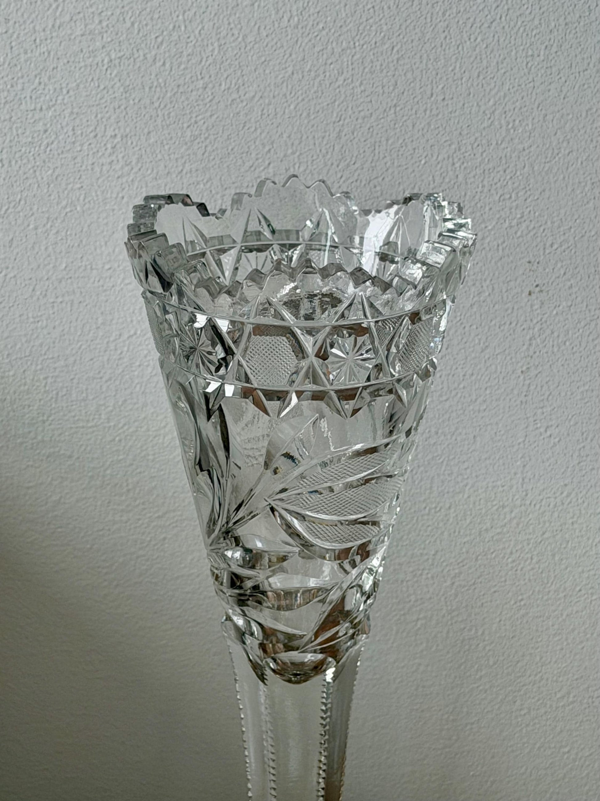 American Brilliant Cut Glass Pedestal Vase | Antique Crystal Trumpet Vase