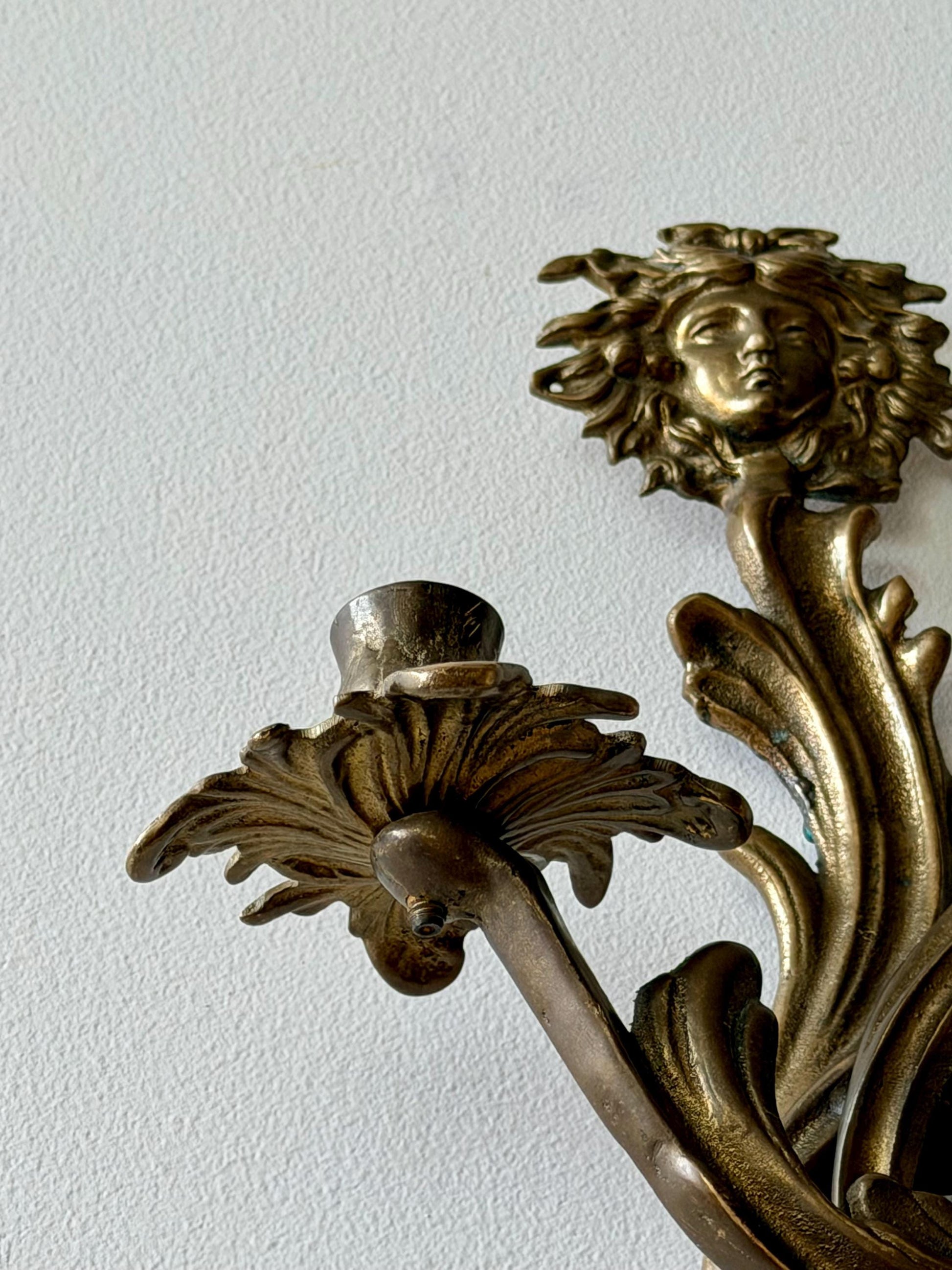 Vintage Brass Wall Sconce with Medusa Motif | Art Nouveau Style Candle Holder