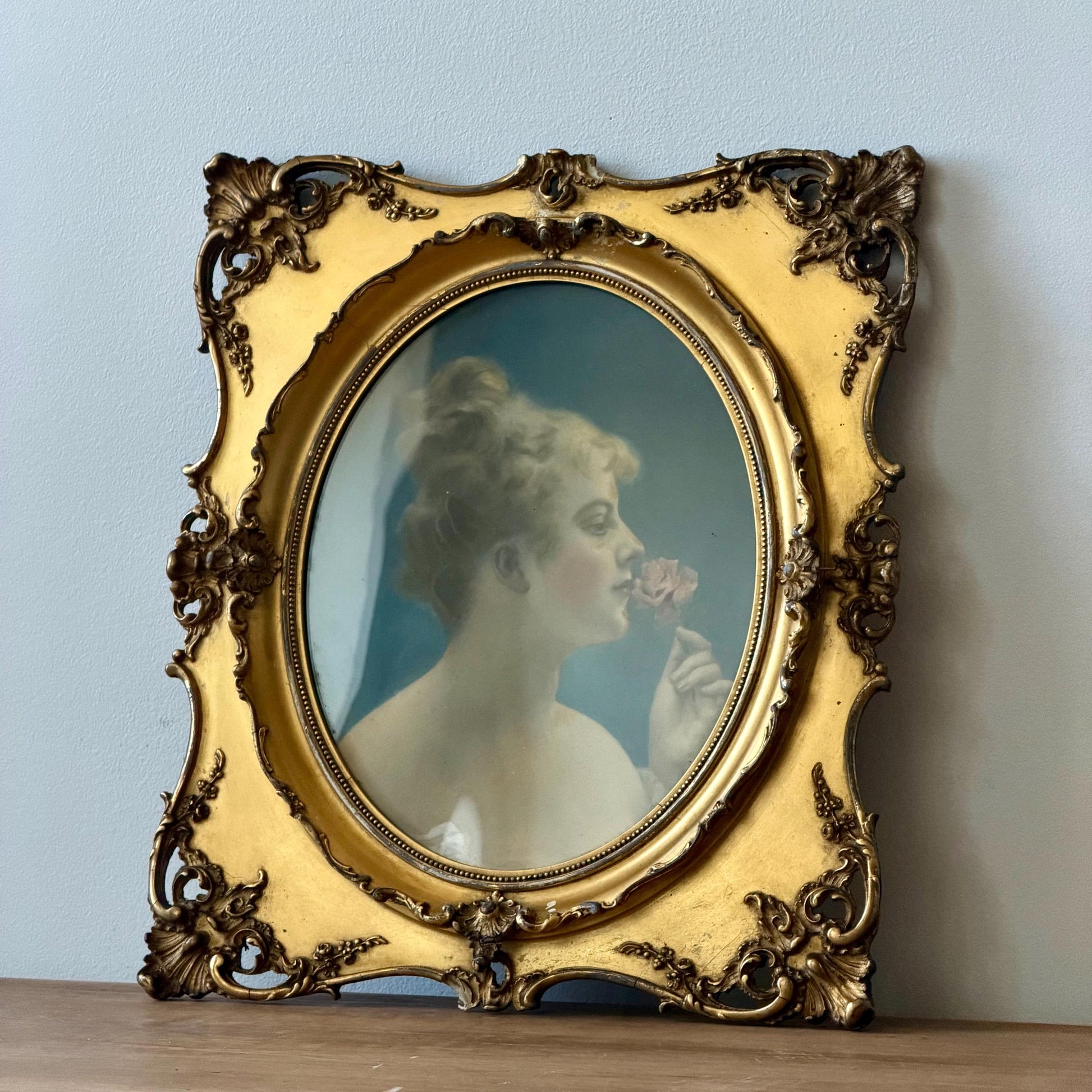 Antique Gilt Wood Frame with Oval Portrait Print | Woman with Rose